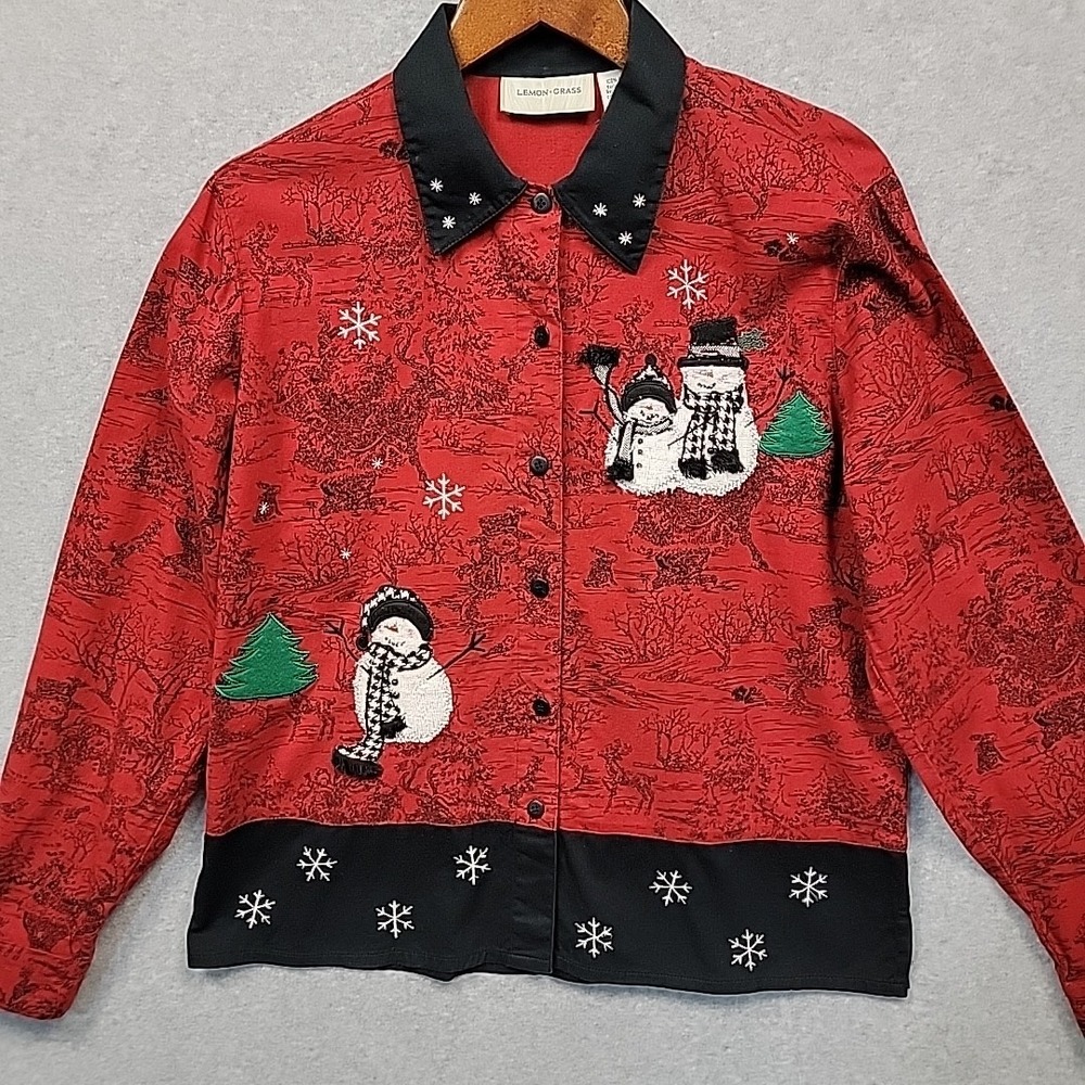 Vtg Lemon Grass Women Size S Snowmen Toile Button Down Shirt Cardigan Top Winter